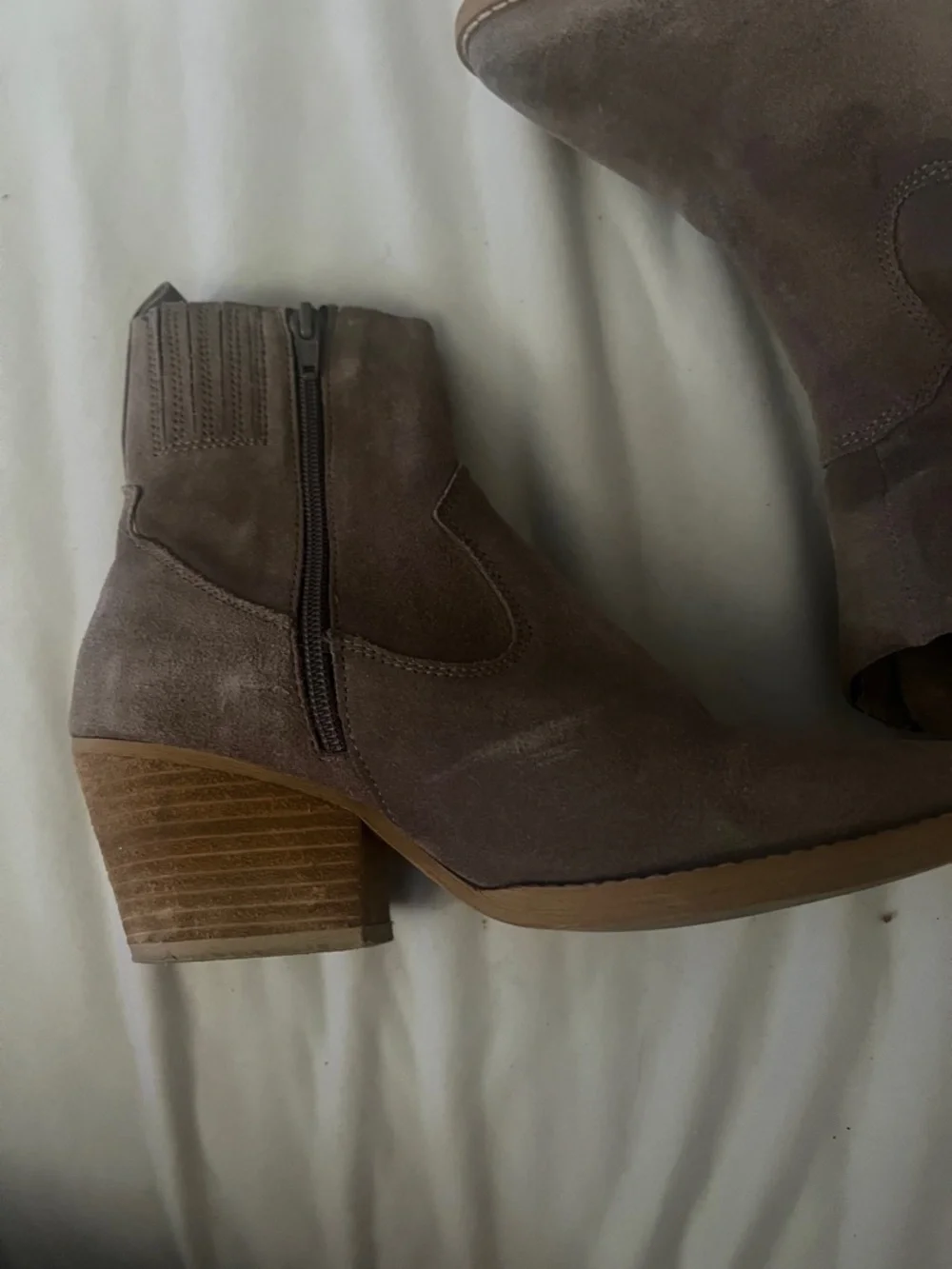 Jeffrey Campbell Taupe Suede Ankle Booties with Stacked Wood Heel - Picture 2 of 6
